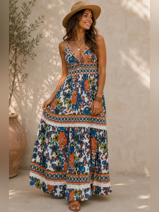 Angie Dresses & Skirts - Angie Floral Boho Maxi Dress | Size L | Lace Trim | Festival Cottagecore